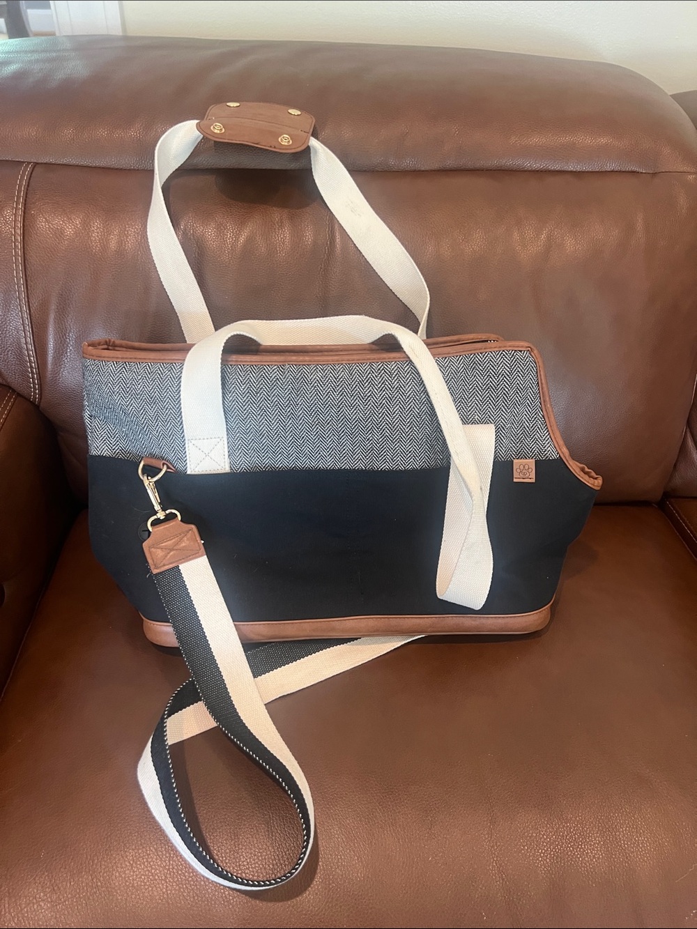 Pet Carrier Canvas & Leather Contrast Tote Bag in Black and Brown